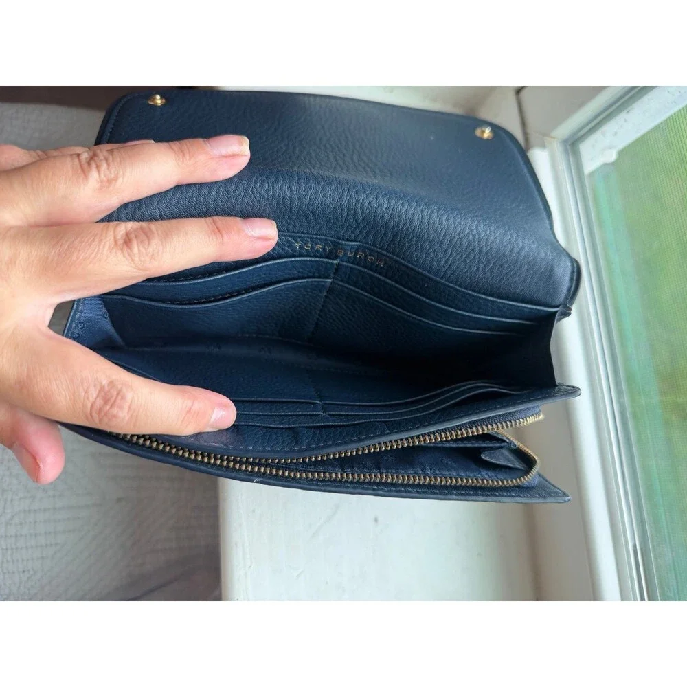 Tory Burch Britten Leather Envelope Wallet in Dark Blue and Gold EUC